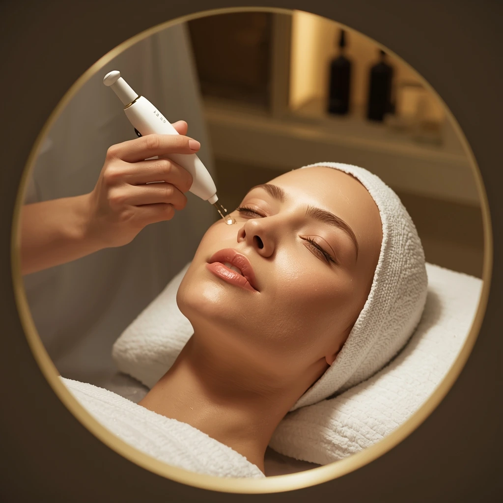 lucid origin_Luxury_spa_facial_treatment_scene_female_beautician_using_skincare_device_on_cli 0
